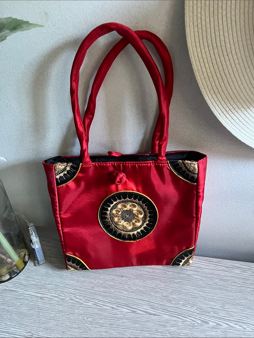 Vintage Red Satin Embroidered Tote Bag - Unbranded